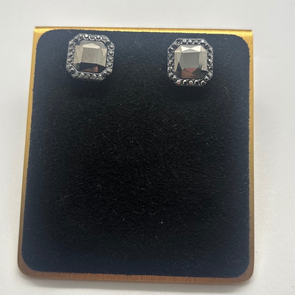 Sabika Stud Earrings Womens OS Hematite Gunmetal Emerald Cut Crystal Halo Square